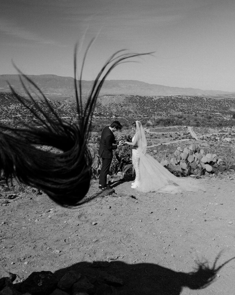A Michigan couple exchanges rings at their elopement ceremony with a view; one of many photos showcasing eloping in MI