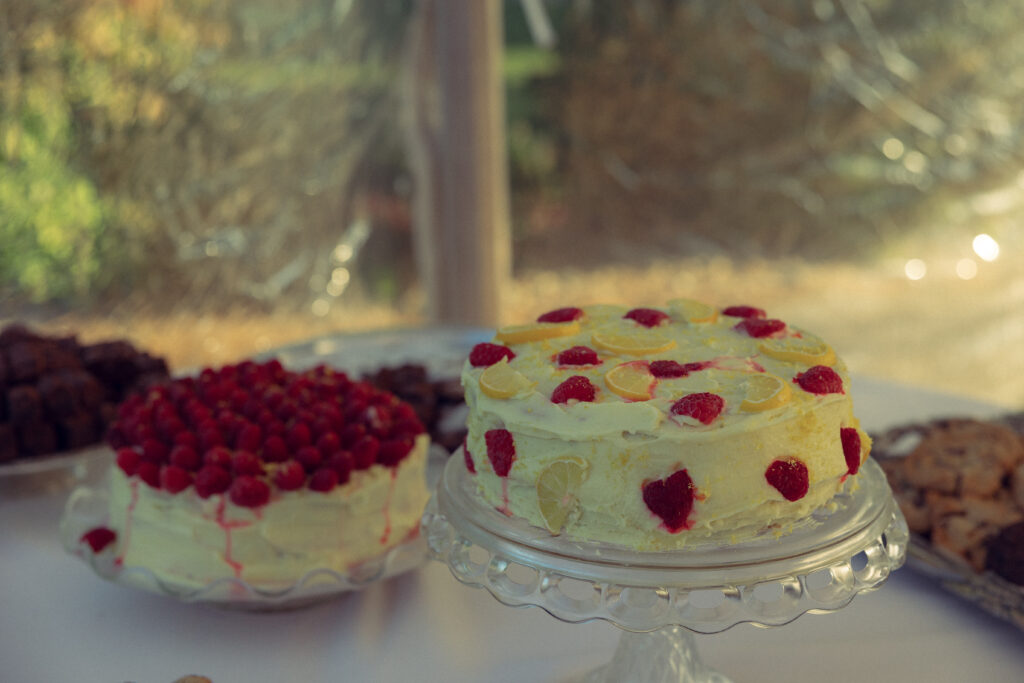 two cakes sit on platters at a handmade wedding dessert table