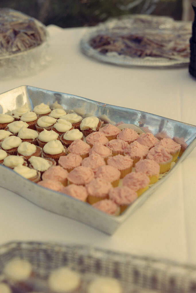 tiny cupcakes sit in a tray for guests at a small, homemade wedding reception