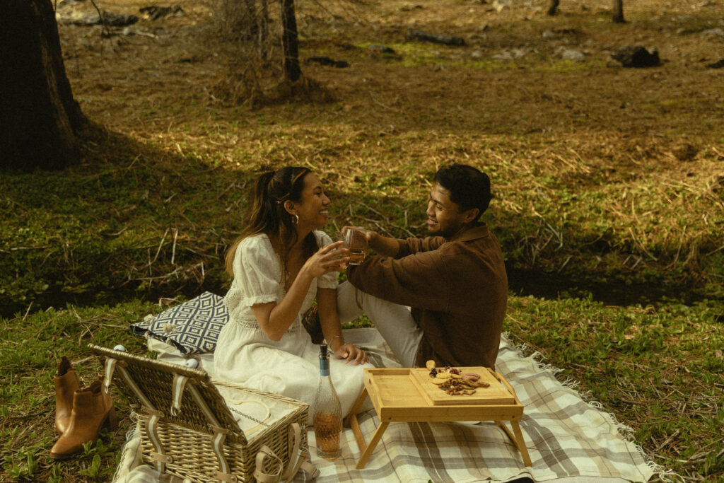 a couple smiles at each other as they clink glasses while sharing a picnic