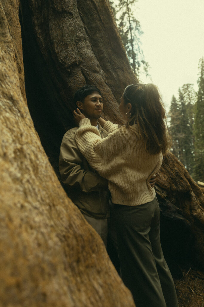 a woman leans back with her hands on the sides of her fiancee's face as they lean together in front of a redwood tree