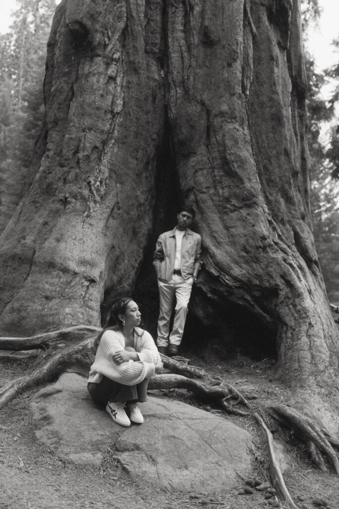 a woman sits with her knees pulled to her chest as her fiancee stands behind her in front of a giant redwood tree during their sequoia national park engagement photos