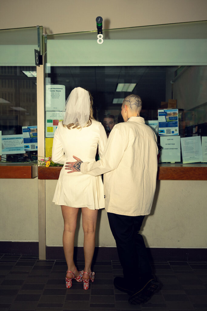 An editorial photo of a Michigan couple before their courthouse wedding in grand rapids mi