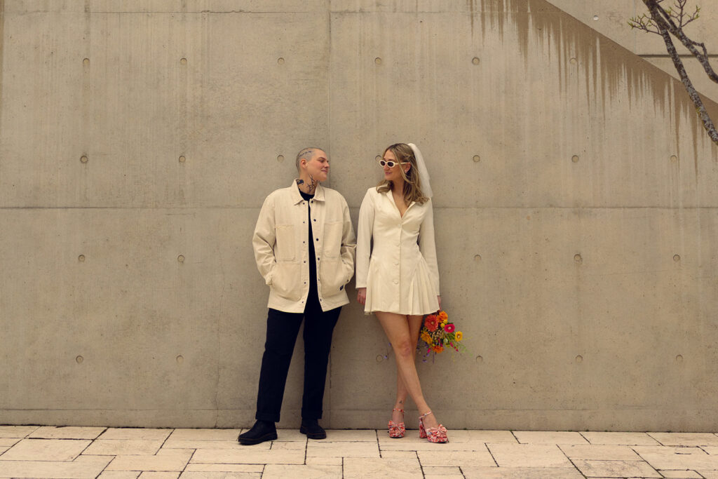 Editorial style photo of Michigan newlyweds before their Grand Rapids courthouse wedding