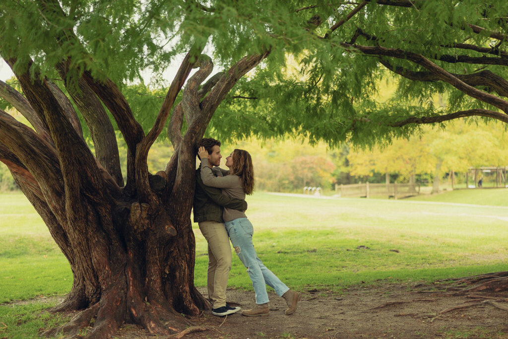 A couple is pictured embracing beneath a tree from engagement photography grand rapids 