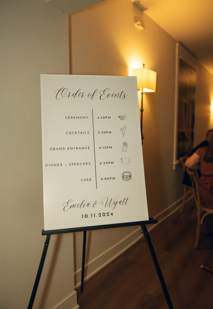 An order of events sign is posted at a wedding reception in West MI